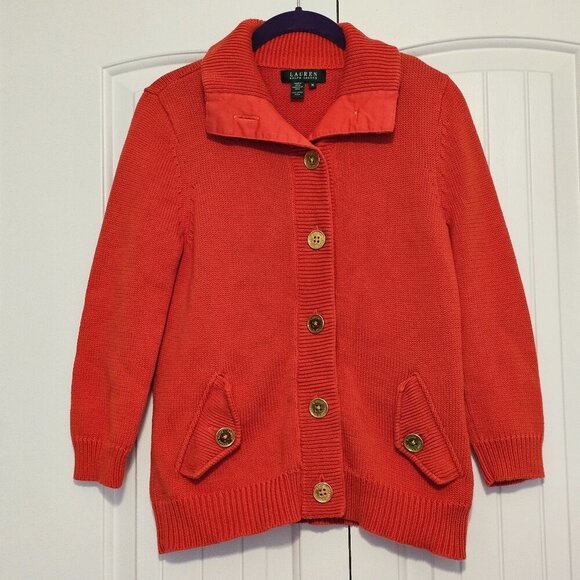 Women's‎ Lauren Ralph Lauren Orange Cardigan Sweater Gold Tone Buttons Size M - Picture 1 of 7